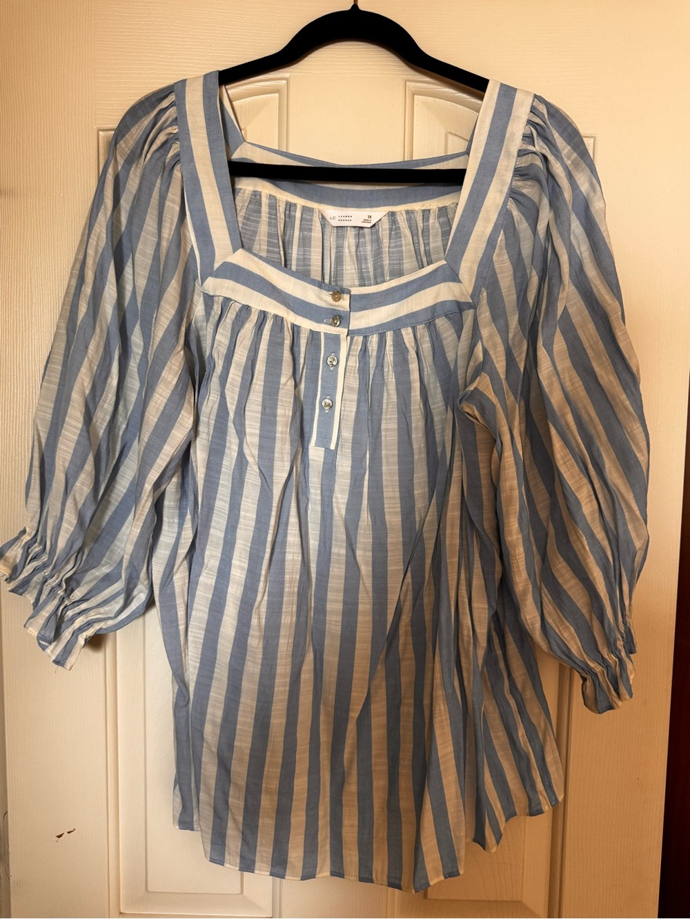 LC Lauren Conrad Blue and White Striped Square-Neck Peasant Blouse